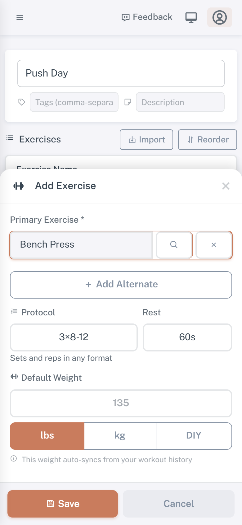 Workout builder showing exercises and sets